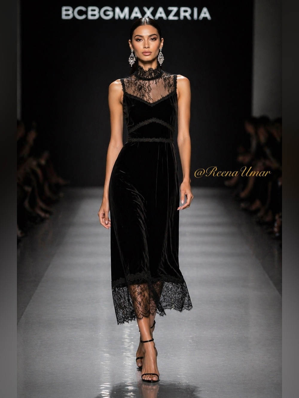 BCBGMaxAzria Black Velvet Midi Dress with Lace Yoke – Runway Collection Size M